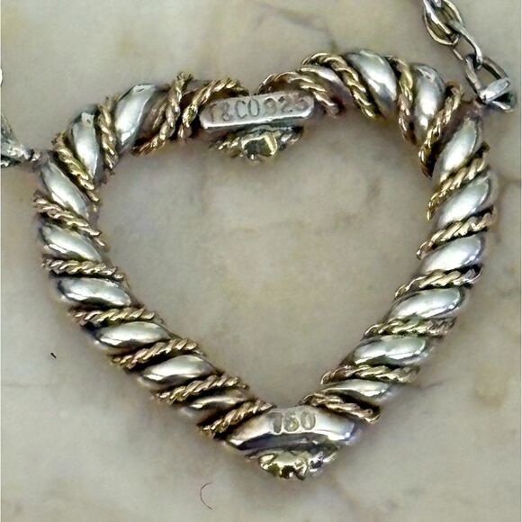 Tiffany & Co 18K Gold & 925 Sterling Silver Twisted Rope Open Heart Necklace 20” - Picture 4 of 13